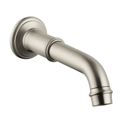 Wannenüberlauf aus gebürstetem Nickel mit einem geschwungenen Auslauf, montiert an einer Wand. Ein Produkt von AXOR, geeignet für Badezimmerarmaturen.